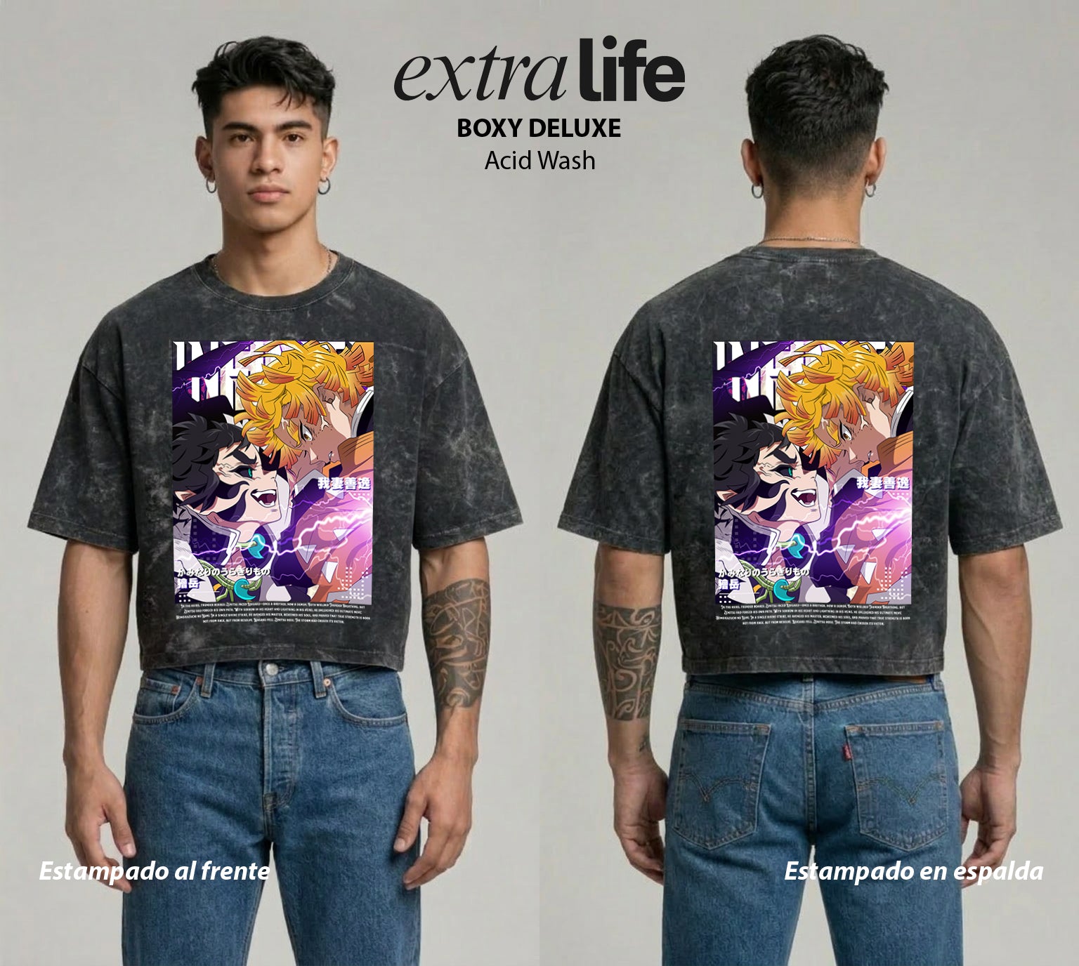 Playera streetwear premium de anime y gaming ExtraLife MX, corte boxy deluxe mineral wash heavyweight en color Acid Wash, moda urbana mexicana de culto.