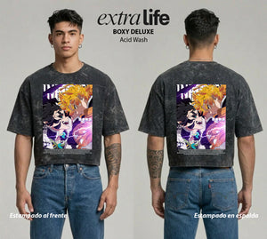 Playera streetwear premium de anime y gaming ExtraLife MX, corte boxy deluxe mineral wash heavyweight en color Acid Wash, moda urbana mexicana de culto.