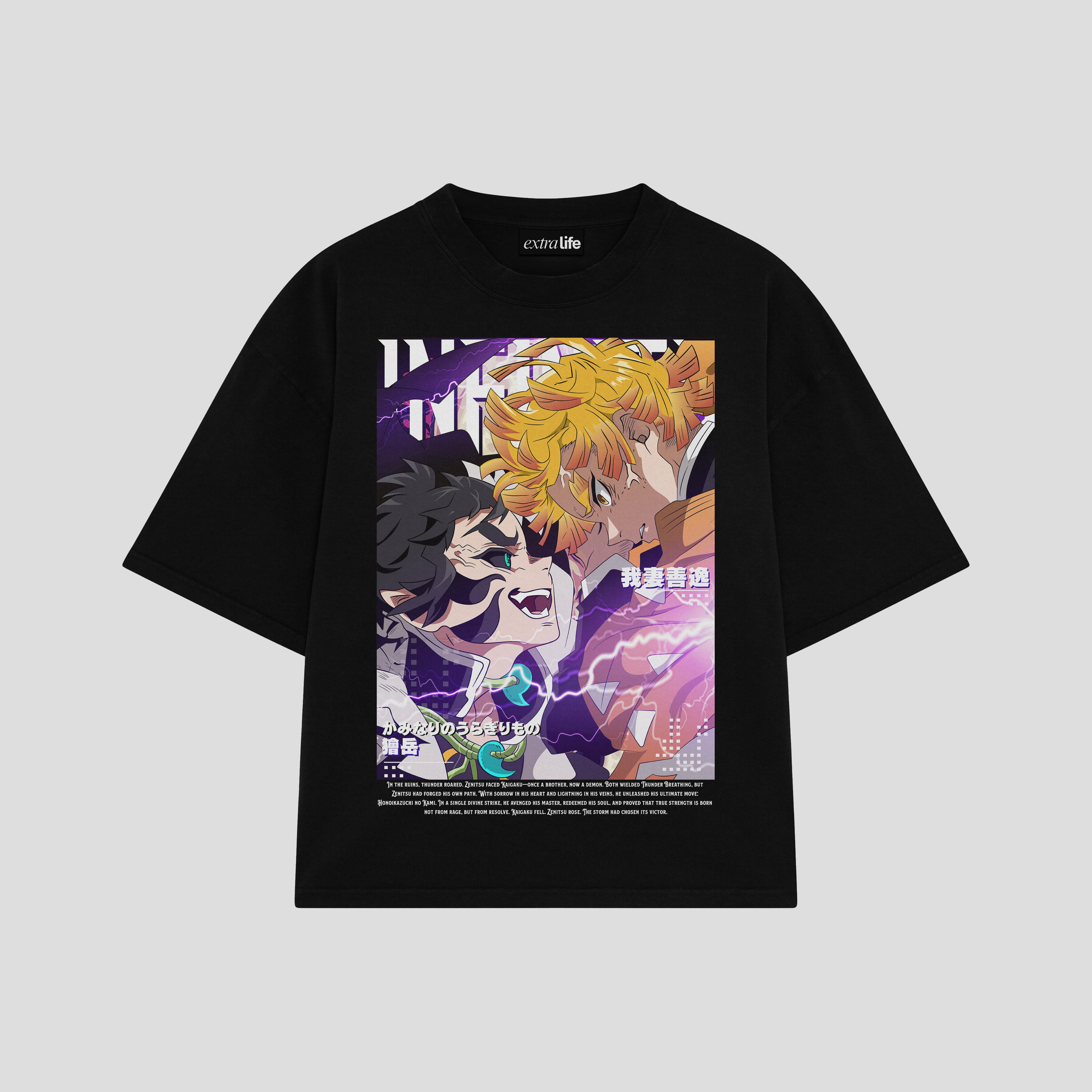 Playera streetwear premium de anime y gaming ExtraLife MX, corte boxy oversized drop shoulder heavyweight en color Deep Black y Off-White, moda urbana mexicana de culto.