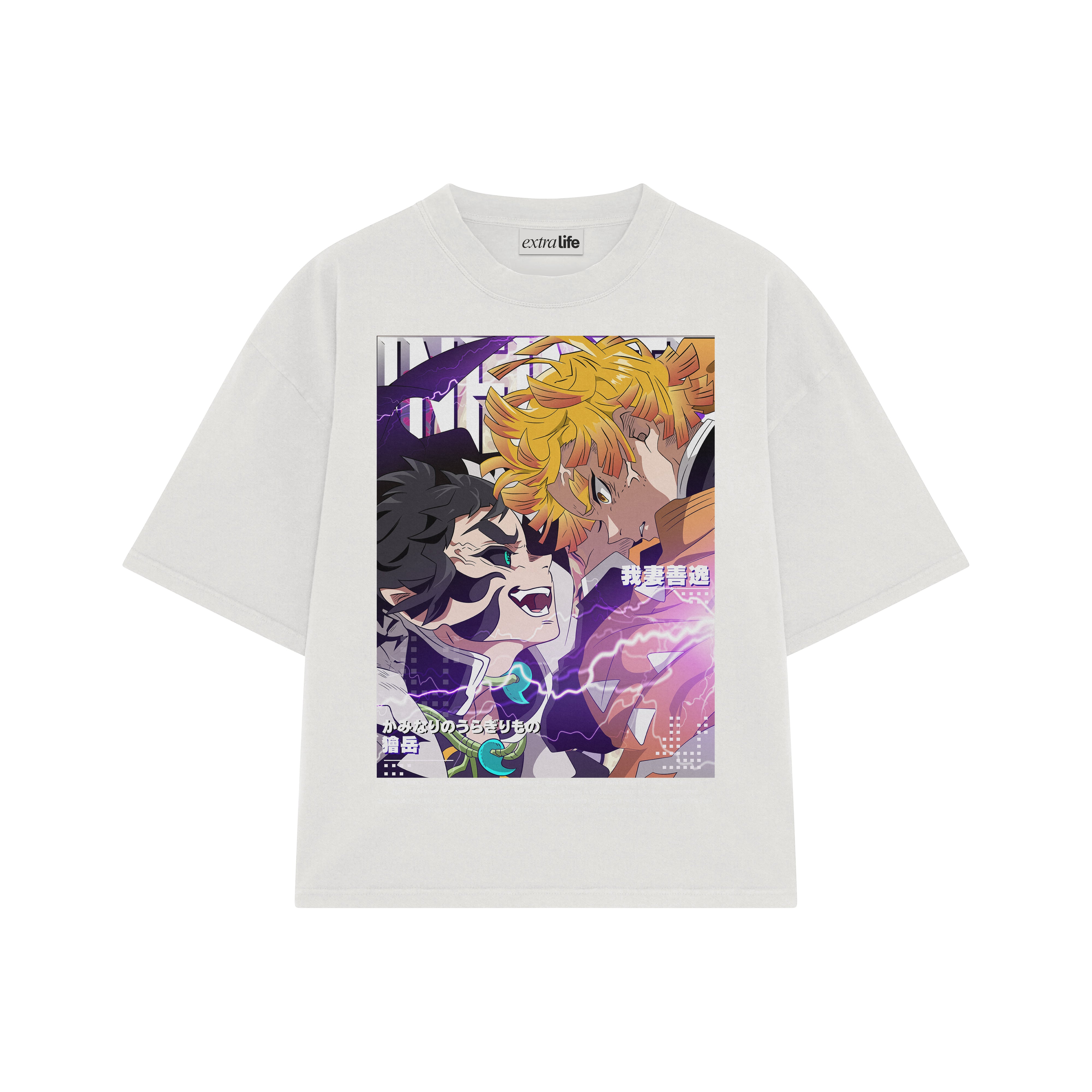 Playera streetwear premium de anime y gaming ExtraLife MX, corte boxy oversized drop shoulder heavyweight en color Deep Black y Off-White, moda urbana mexicana de culto.
