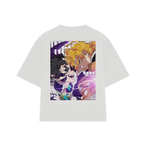 Playera streetwear premium de anime y gaming ExtraLife MX, corte boxy oversized drop shoulder heavyweight en color Deep Black y Off-White, moda urbana mexicana de culto.