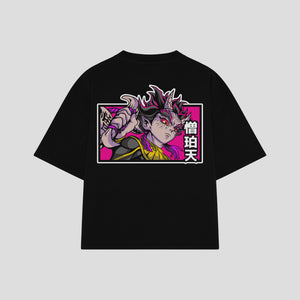Playera streetwear premium de anime y gaming ExtraLife MX, corte boxy oversized drop shoulder heavyweight en color Deep Black y Off-White, moda urbana mexicana de culto.