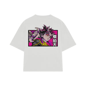 Playera streetwear premium de anime y gaming ExtraLife MX, corte boxy oversized drop shoulder heavyweight en color Deep Black y Off-White, moda urbana mexicana de culto.