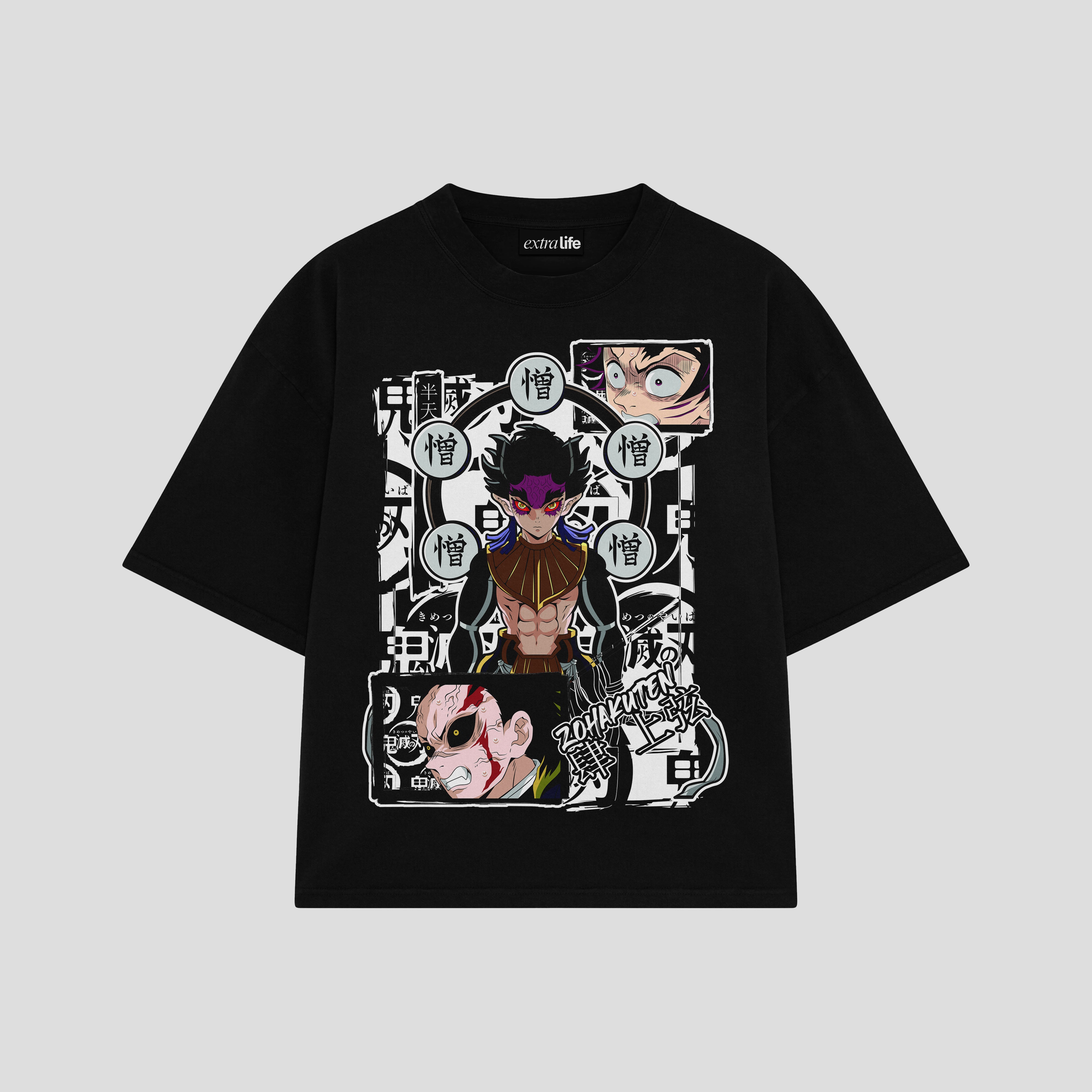 Playera streetwear premium de anime y gaming ExtraLife MX, corte boxy oversized drop shoulder heavyweight en color Deep Black y Off-White, moda urbana mexicana de culto.