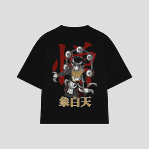 Playera streetwear premium de anime y gaming ExtraLife MX, corte boxy oversized drop shoulder heavyweight en color Deep Black y Off-White, moda urbana mexicana de culto.