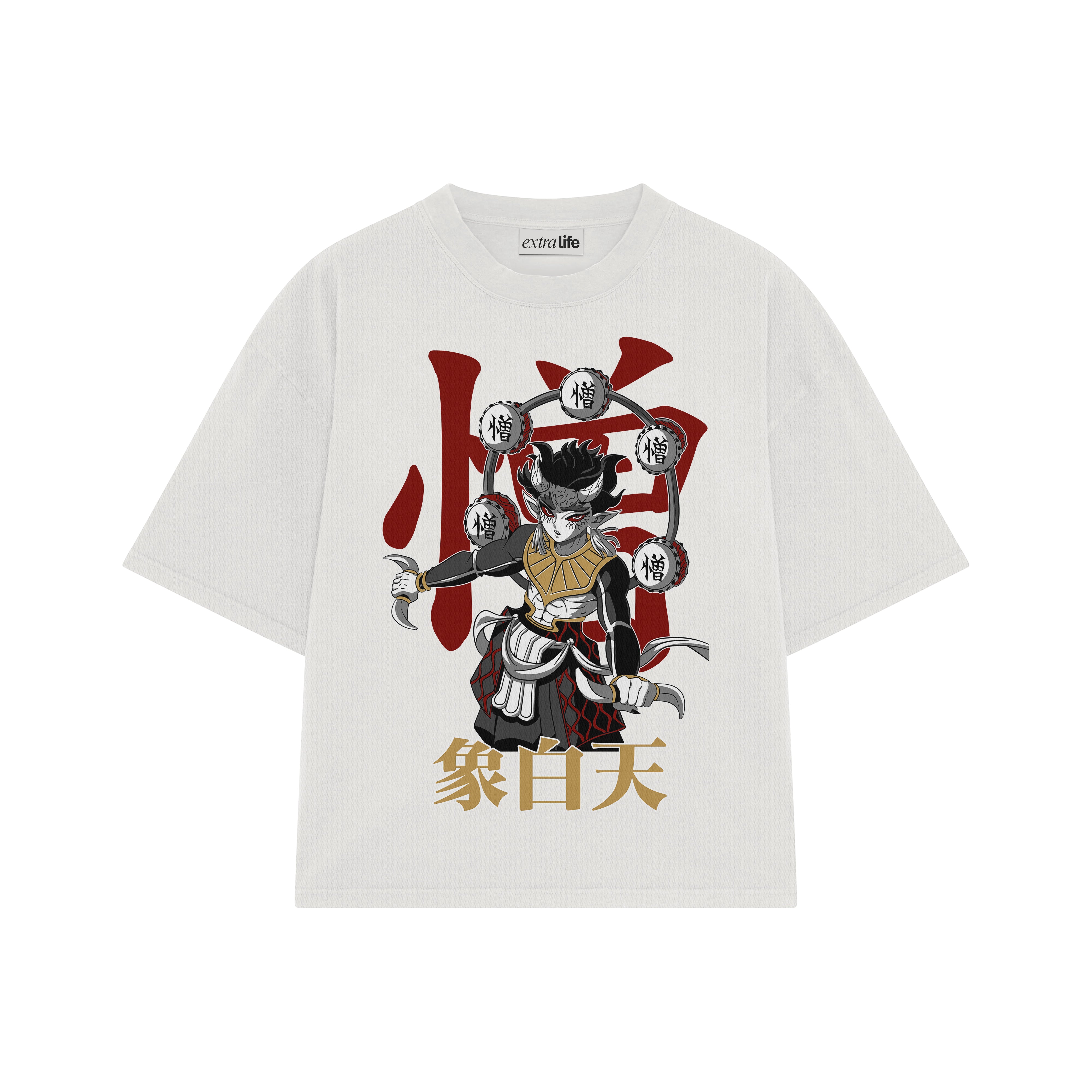 Playera streetwear premium de anime y gaming ExtraLife MX, corte boxy oversized drop shoulder heavyweight en color Deep Black y Off-White, moda urbana mexicana de culto.