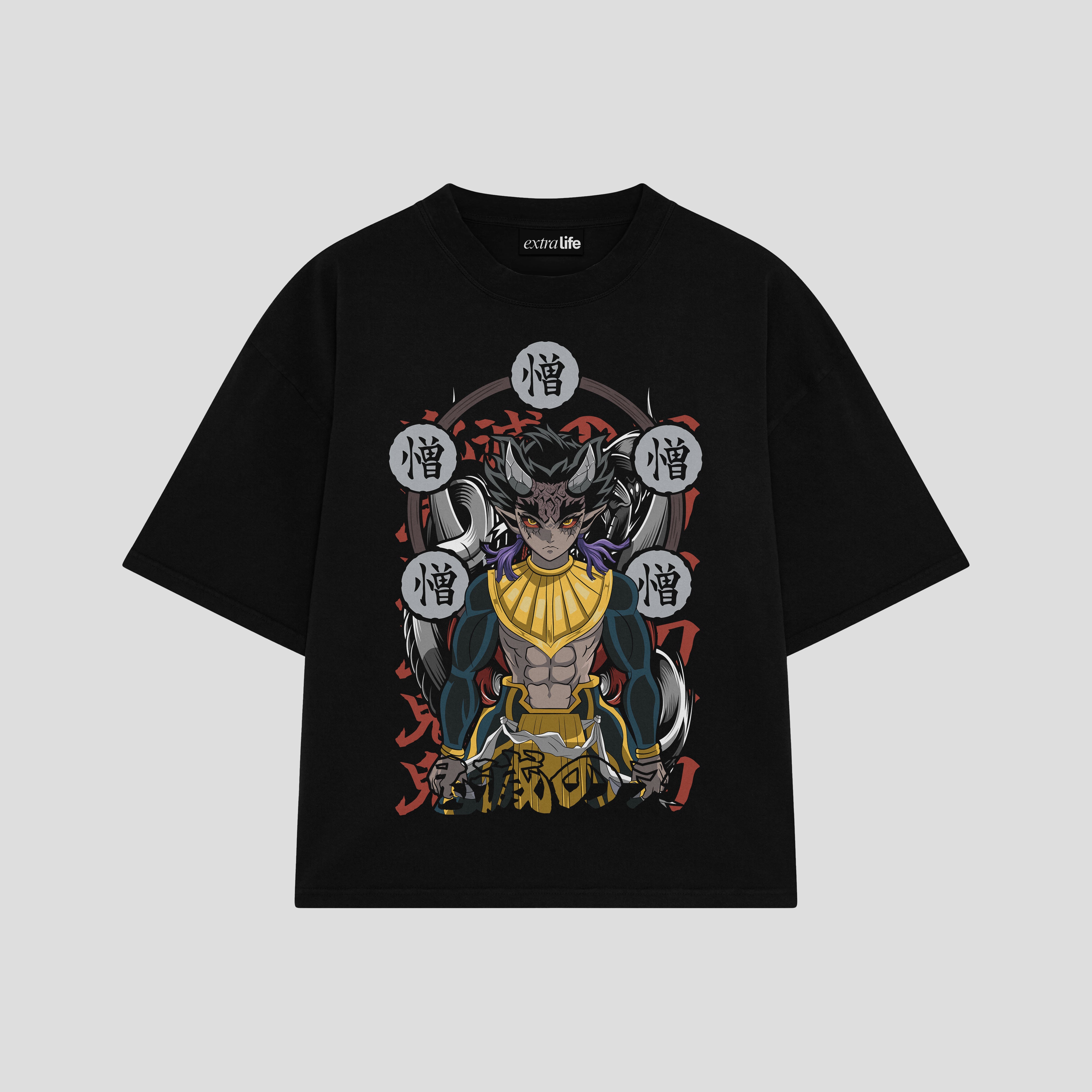 Playera streetwear premium de anime y gaming ExtraLife MX, corte boxy oversized drop shoulder heavyweight en color Deep Black y Off-White, moda urbana mexicana de culto.