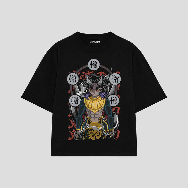 Playera streetwear premium de anime y gaming ExtraLife MX, corte boxy oversized drop shoulder heavyweight en color Deep Black y Off-White, moda urbana mexicana de culto.