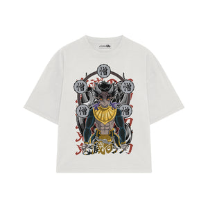 Playera streetwear premium de anime y gaming ExtraLife MX, corte boxy oversized drop shoulder heavyweight en color Deep Black y Off-White, moda urbana mexicana de culto.