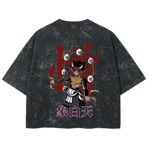 Playera streetwear premium de anime y gaming ExtraLife MX, corte boxy deluxe mineral wash heavyweight en color Acid Wash, moda urbana mexicana de culto.