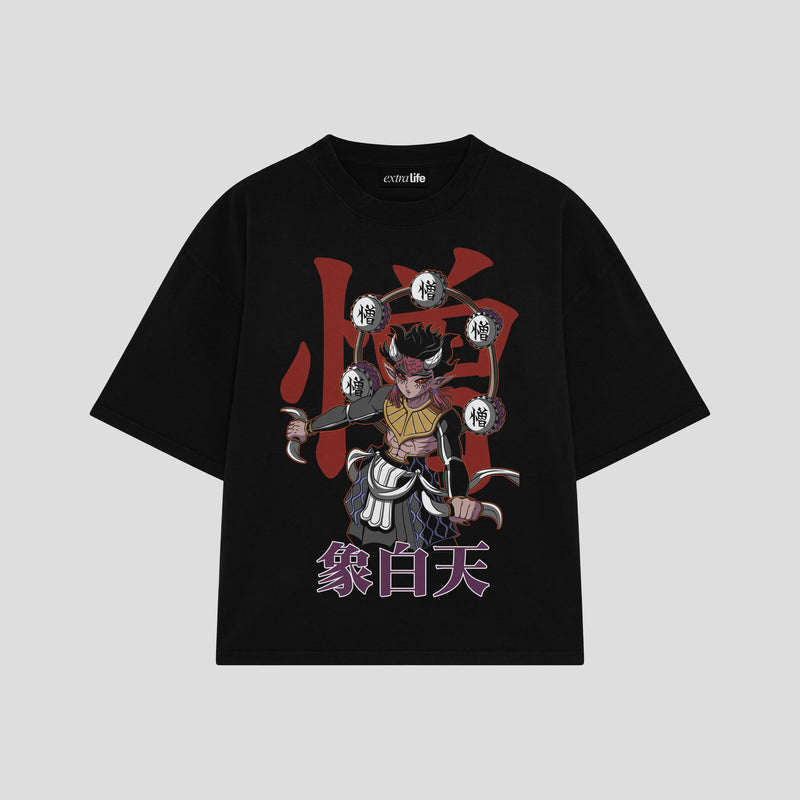 Playera streetwear premium de anime y gaming ExtraLife MX, corte boxy oversized drop shoulder heavyweight en color Deep Black y Off-White, moda urbana mexicana de culto.