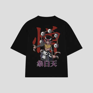 Playera streetwear premium de anime y gaming ExtraLife MX, corte boxy oversized drop shoulder heavyweight en color Deep Black y Off-White, moda urbana mexicana de culto.