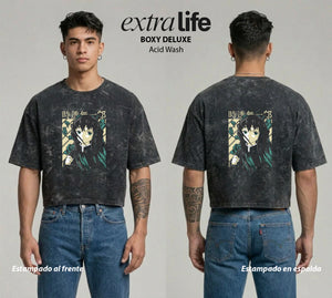 Playera streetwear premium de anime y gaming ExtraLife MX, corte boxy deluxe mineral wash heavyweight en color Acid Wash, moda urbana mexicana de culto.