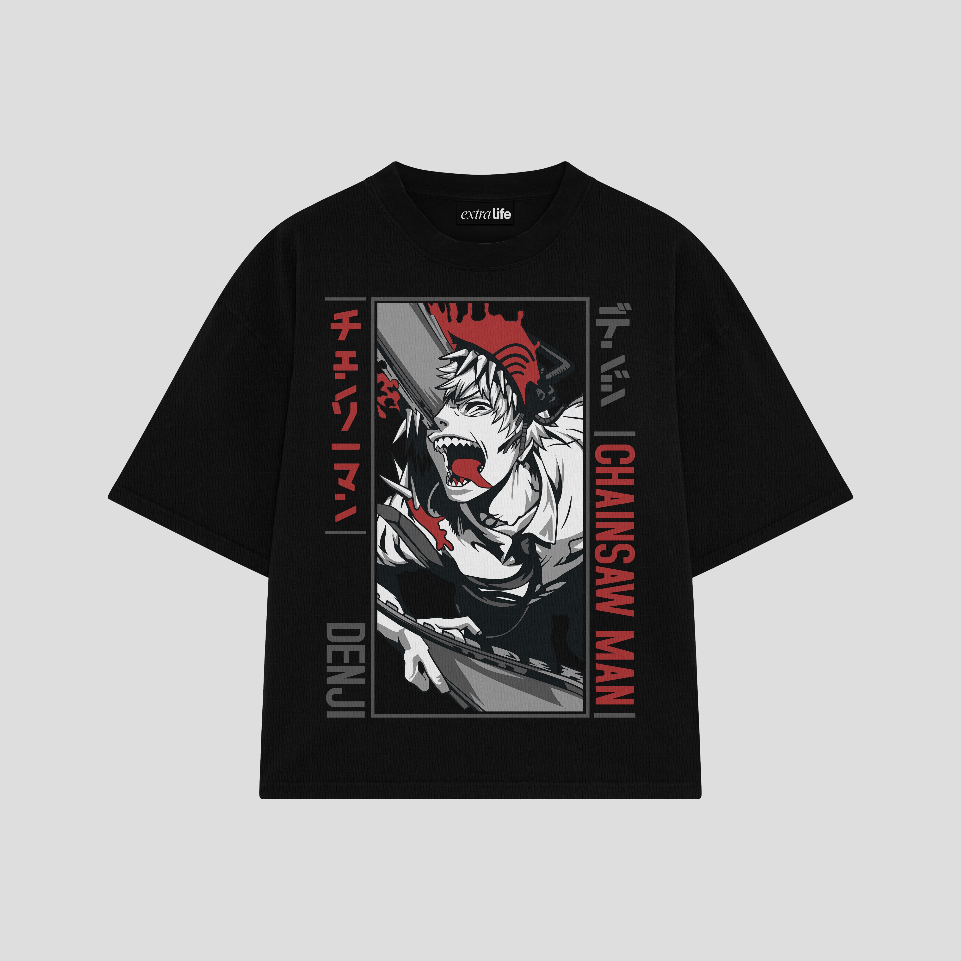 Playera streetwear premium de anime y gaming ExtraLife MX, corte boxy oversized drop shoulder heavyweight en color Deep Black y Off-White, moda urbana mexicana de culto.