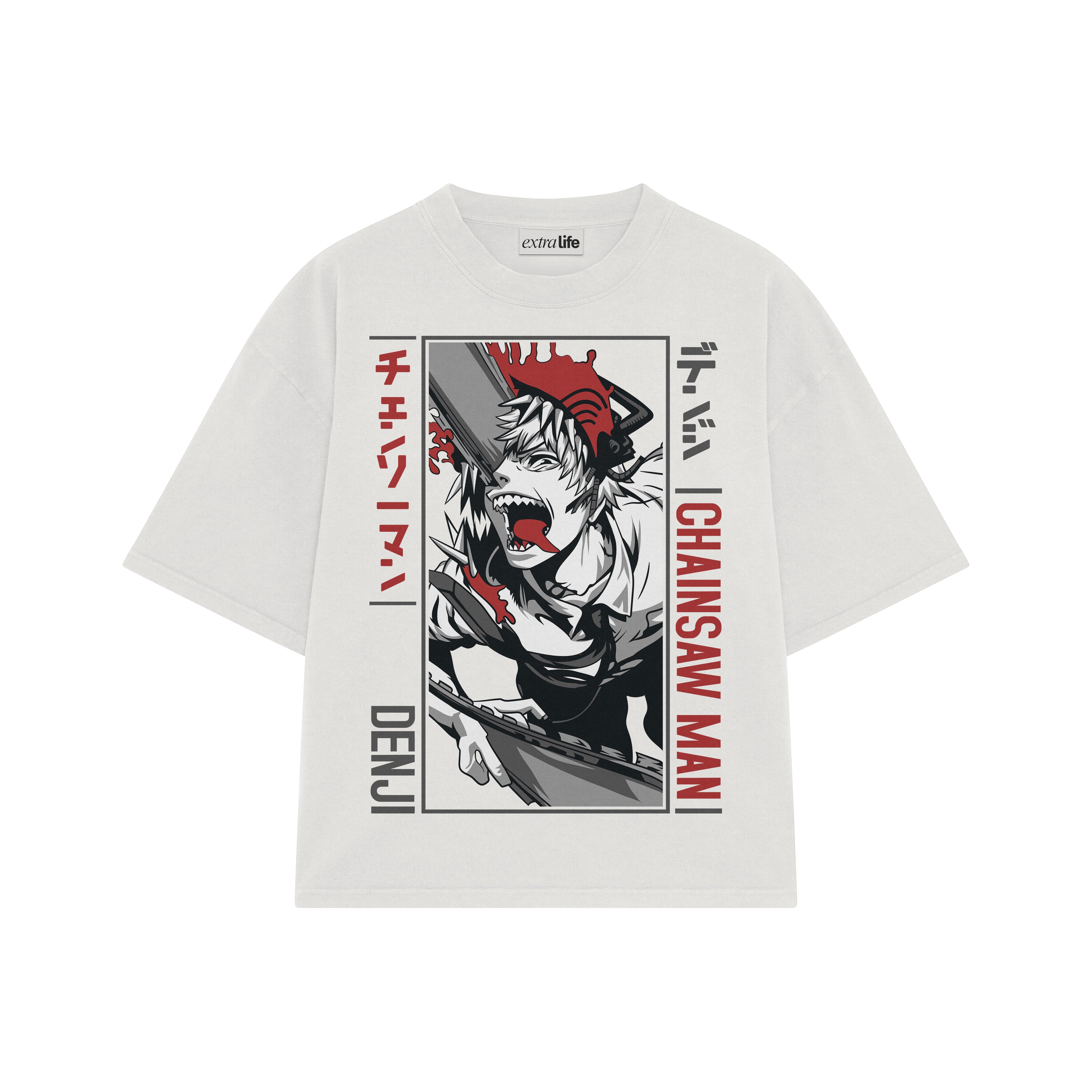Playera streetwear premium de anime y gaming ExtraLife MX, corte boxy oversized drop shoulder heavyweight en color Deep Black y Off-White, moda urbana mexicana de culto.