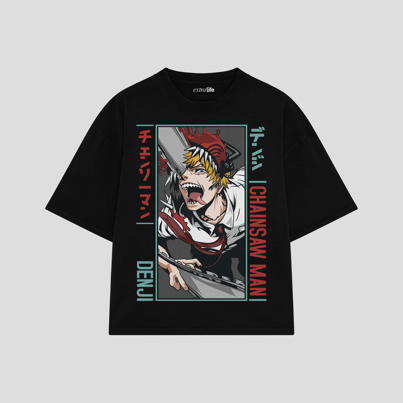 Playera streetwear premium de anime y gaming ExtraLife MX, corte boxy oversized drop shoulder heavyweight en color Deep Black y Off-White, moda urbana mexicana de culto.