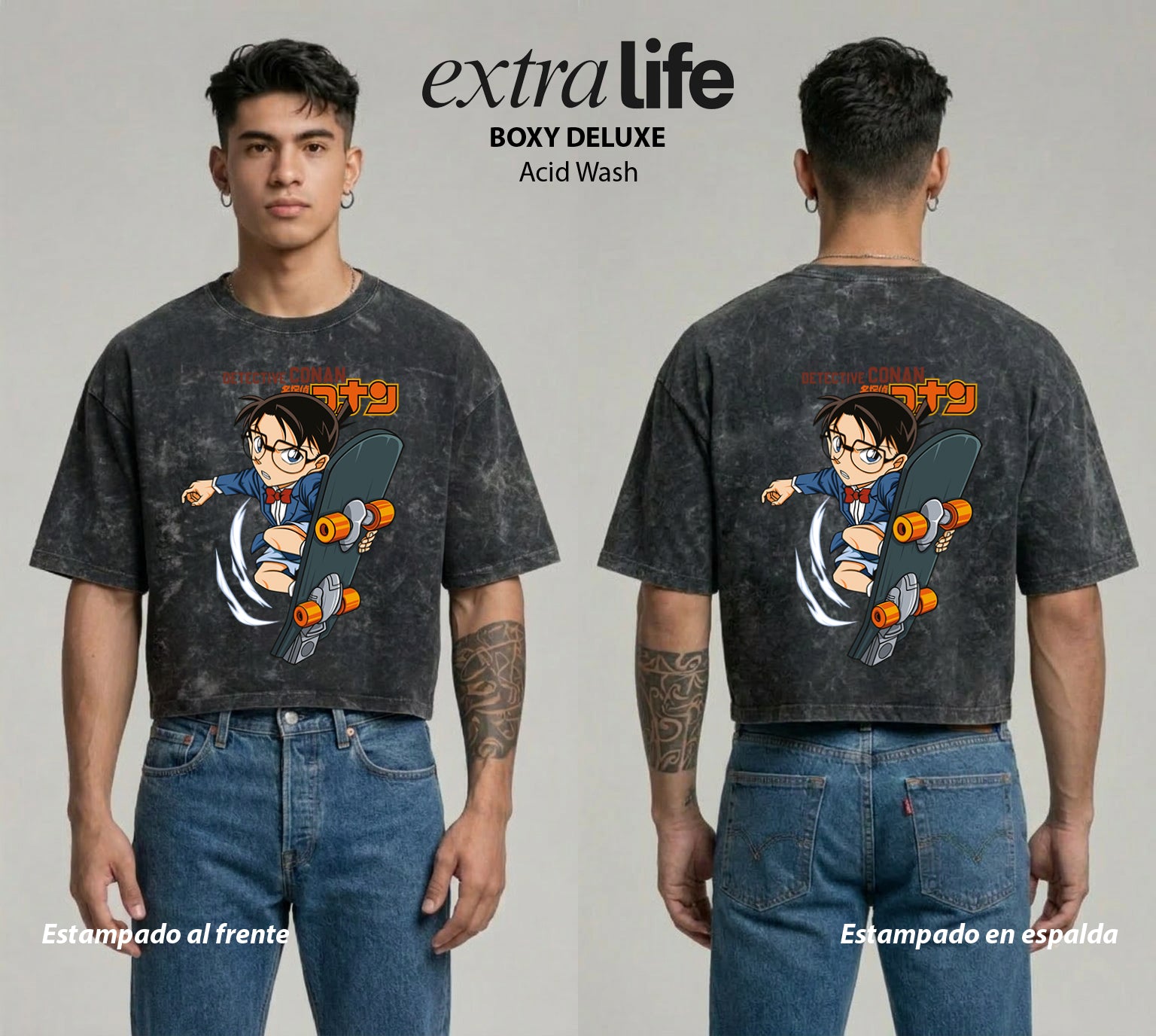 Playera streetwear premium de anime y gaming ExtraLife MX, corte boxy deluxe mineral wash heavyweight en color Acid Wash, moda urbana mexicana de culto.