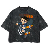 Playera streetwear premium de anime y gaming ExtraLife MX, corte boxy deluxe mineral wash heavyweight en color Acid Wash, moda urbana mexicana de culto.