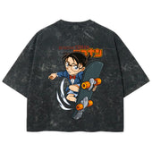 Playera streetwear premium de anime y gaming ExtraLife MX, corte boxy deluxe mineral wash heavyweight en color Acid Wash, moda urbana mexicana de culto.