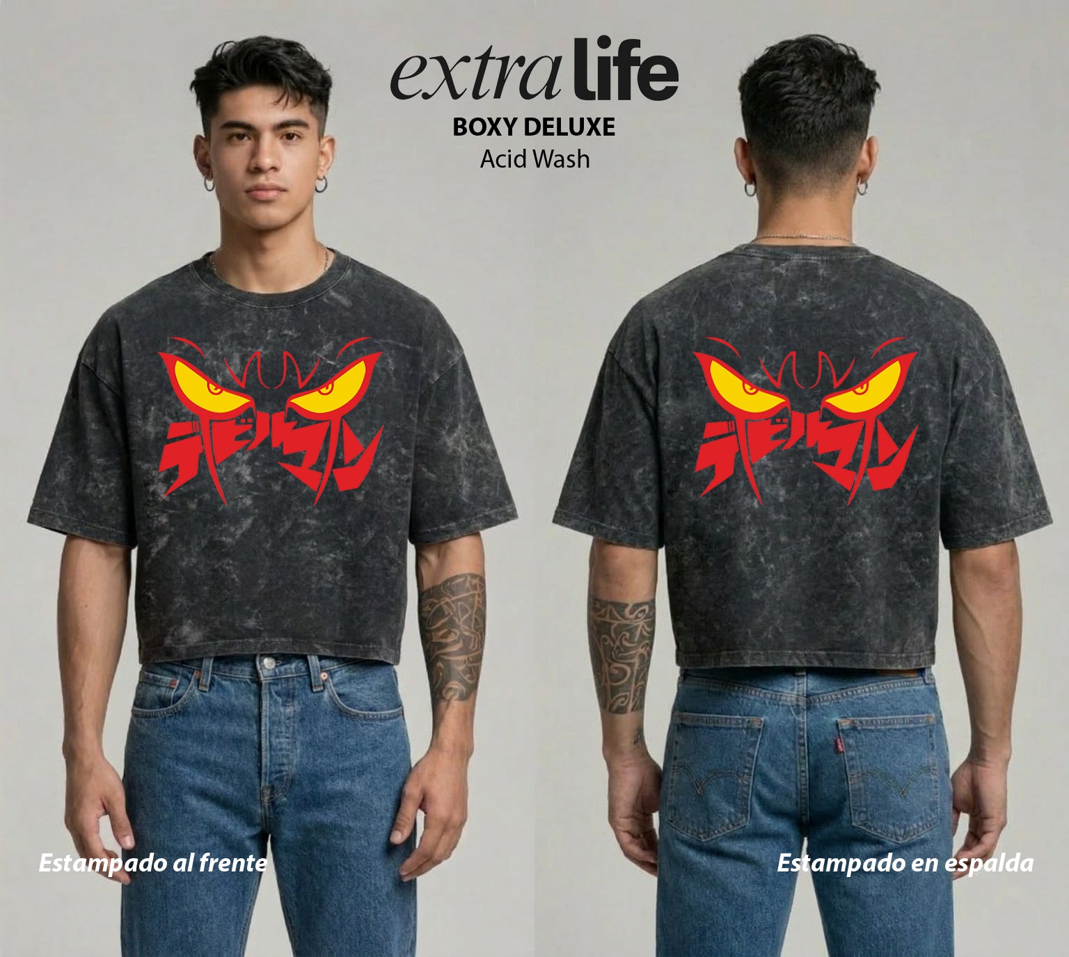 Playera streetwear premium de anime y gaming ExtraLife MX, corte boxy deluxe mineral wash heavyweight en color Acid Wash, moda urbana mexicana de culto.