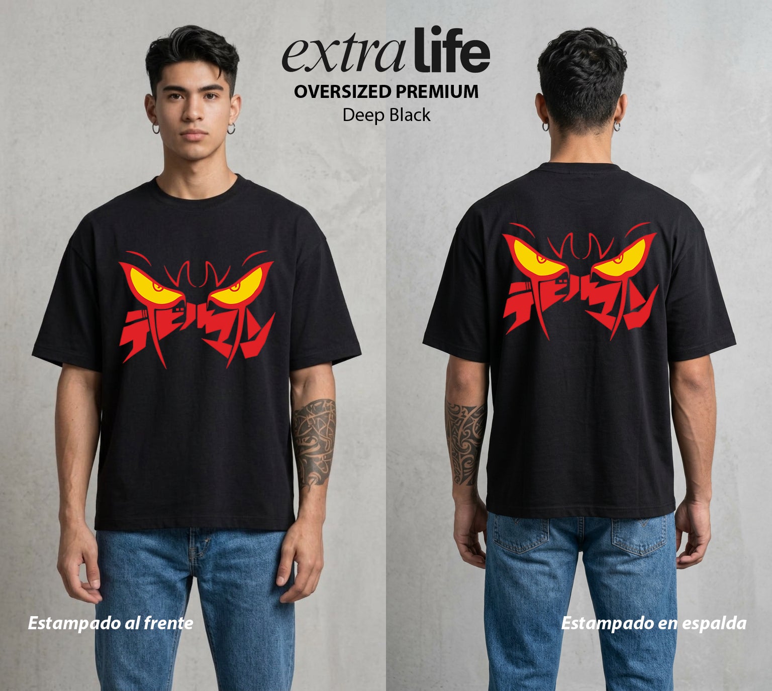 El Demonio Sensible | Los Ojos del Demonio #01296 - Playera Oversized Premium | Deep Black - Foto en modelo
