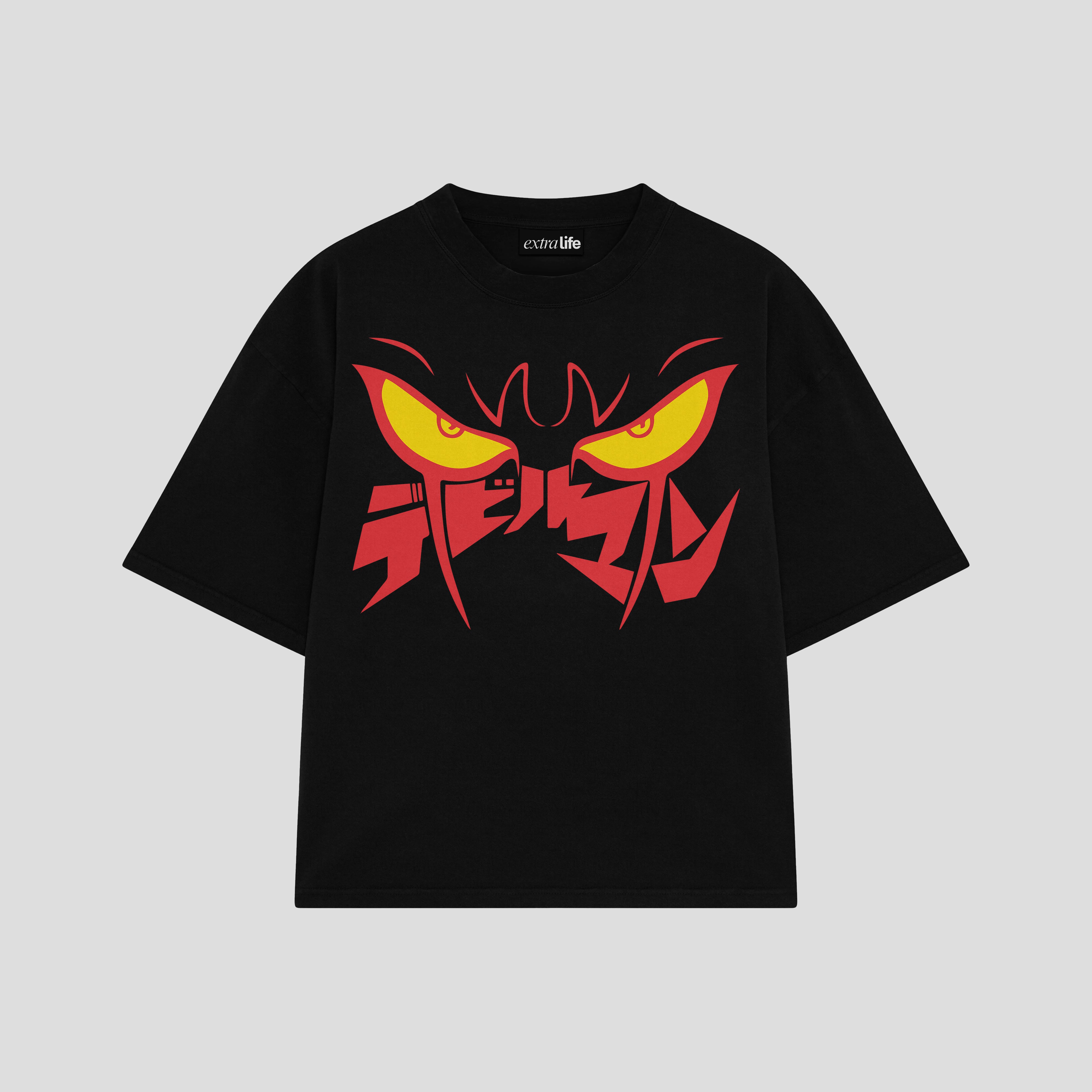 Playera streetwear premium de anime y gaming ExtraLife MX, corte boxy oversized drop shoulder heavyweight en color Deep Black y Off-White, moda urbana mexicana de culto.