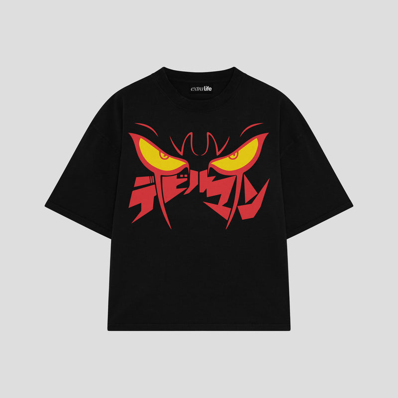 Playera streetwear premium de anime y gaming ExtraLife MX, corte boxy oversized drop shoulder heavyweight en color Deep Black y Off-White, moda urbana mexicana de culto.