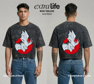 Playera streetwear premium de anime y gaming ExtraLife MX, corte boxy deluxe mineral wash heavyweight en color Acid Wash, moda urbana mexicana de culto.