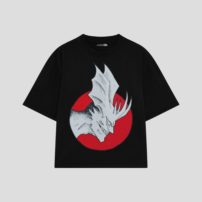 Playera streetwear premium de anime y gaming ExtraLife MX, corte boxy oversized drop shoulder heavyweight en color Deep Black y Off-White, moda urbana mexicana de culto.