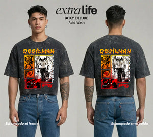 Playera streetwear premium de anime y gaming ExtraLife MX, corte boxy deluxe mineral wash heavyweight en color Acid Wash, moda urbana mexicana de culto.