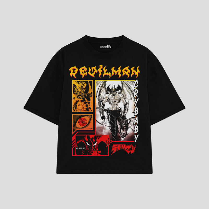 Playera streetwear premium de anime y gaming ExtraLife MX, corte boxy oversized drop shoulder heavyweight en color Deep Black y Off-White, moda urbana mexicana de culto.