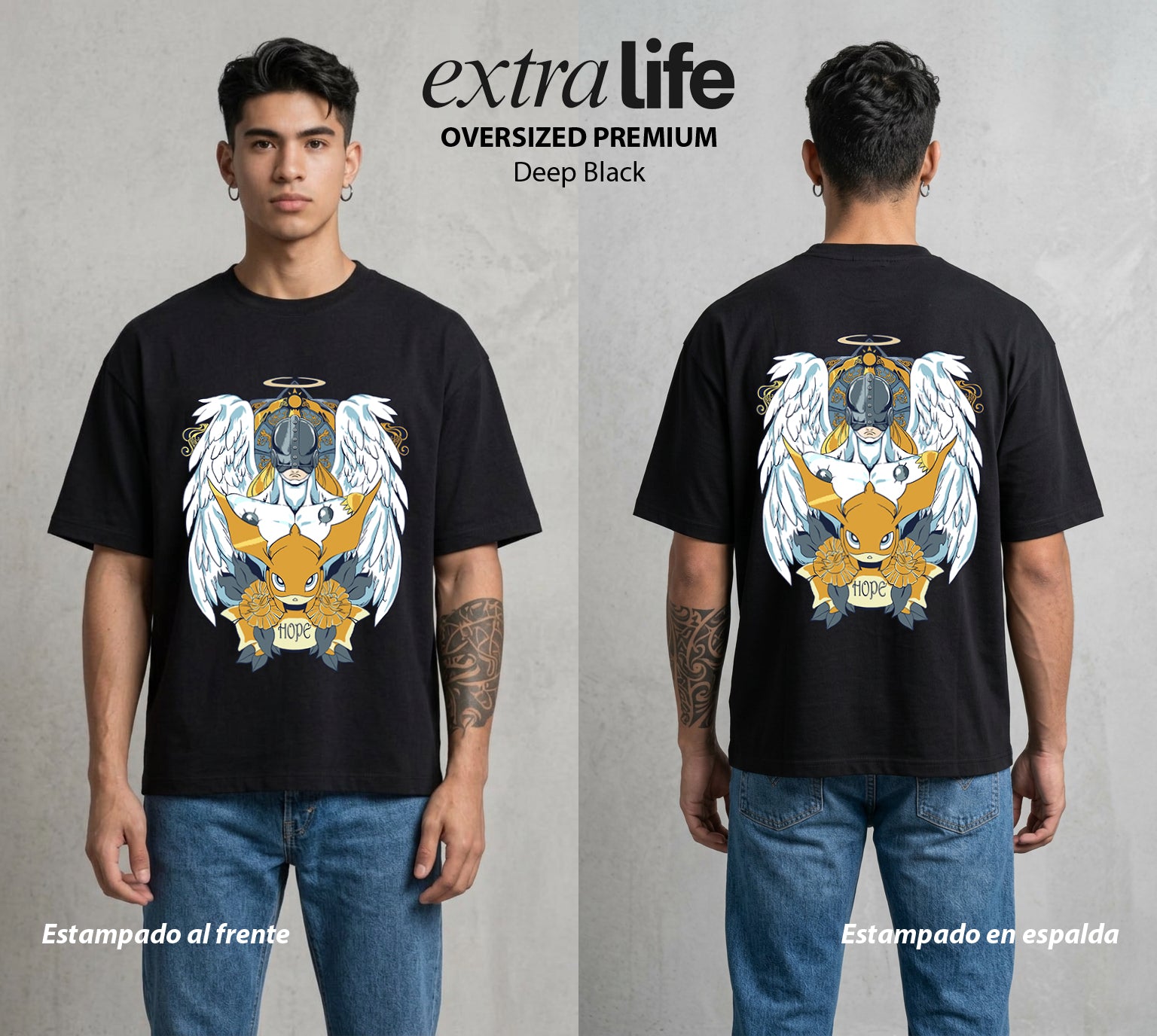 El Mundo Digital | Digimon Angelmon #01300 - Playera Oversized Premium | Deep Black - Foto en modelo