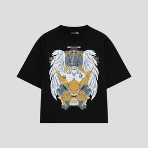 Playera streetwear premium de anime y gaming ExtraLife MX, corte boxy oversized drop shoulder heavyweight en color Deep Black y Off-White, moda urbana mexicana de culto.