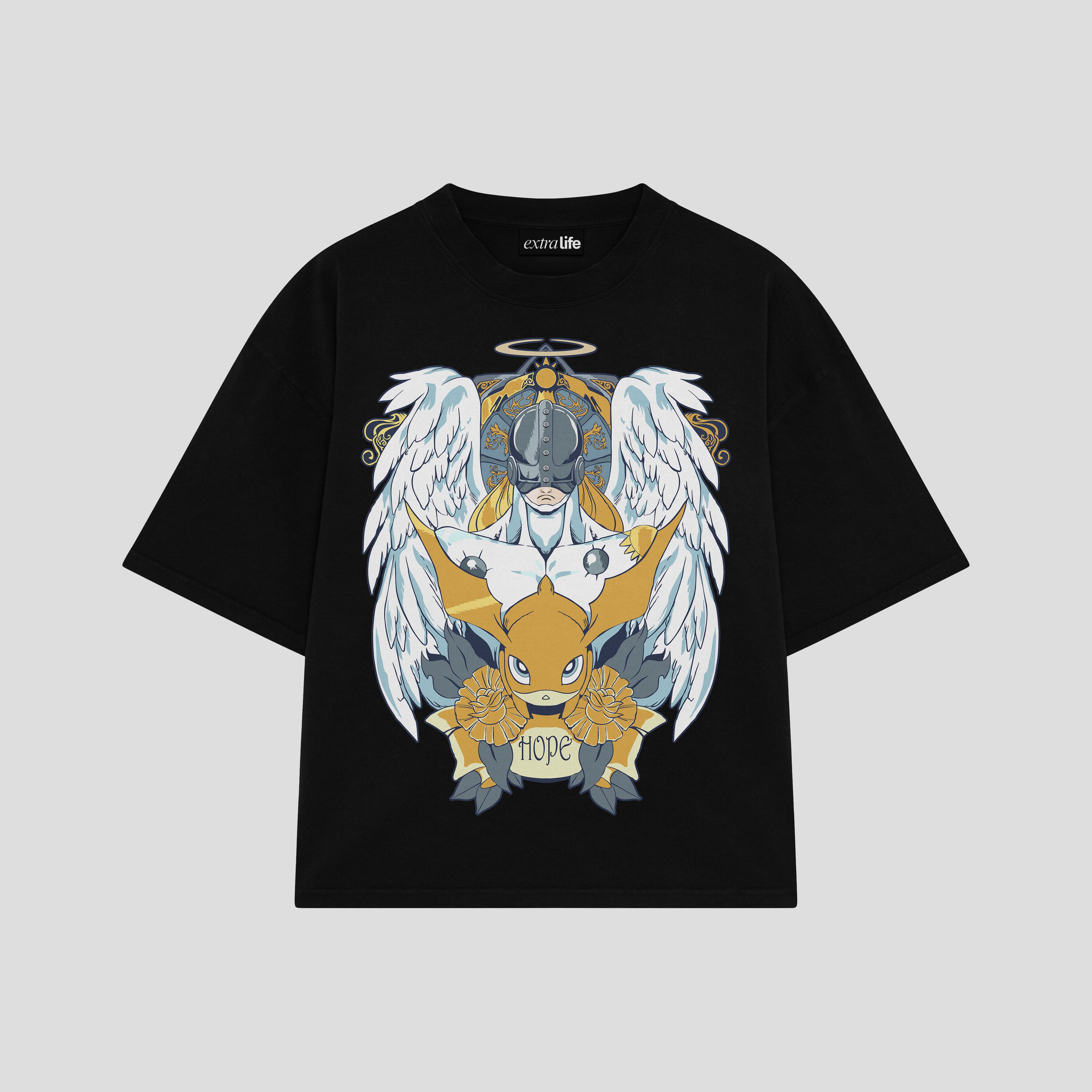 Playera streetwear premium de anime y gaming ExtraLife MX, corte boxy oversized drop shoulder heavyweight en color Deep Black y Off-White, moda urbana mexicana de culto.