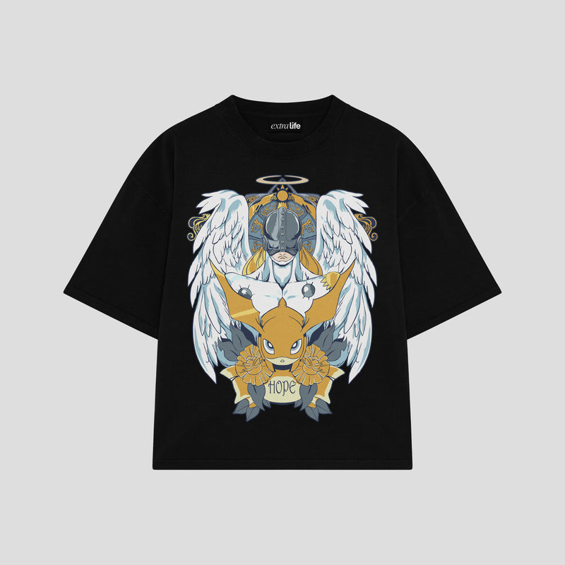 Playera streetwear premium de anime y gaming ExtraLife MX, corte boxy oversized drop shoulder heavyweight en color Deep Black y Off-White, moda urbana mexicana de culto.