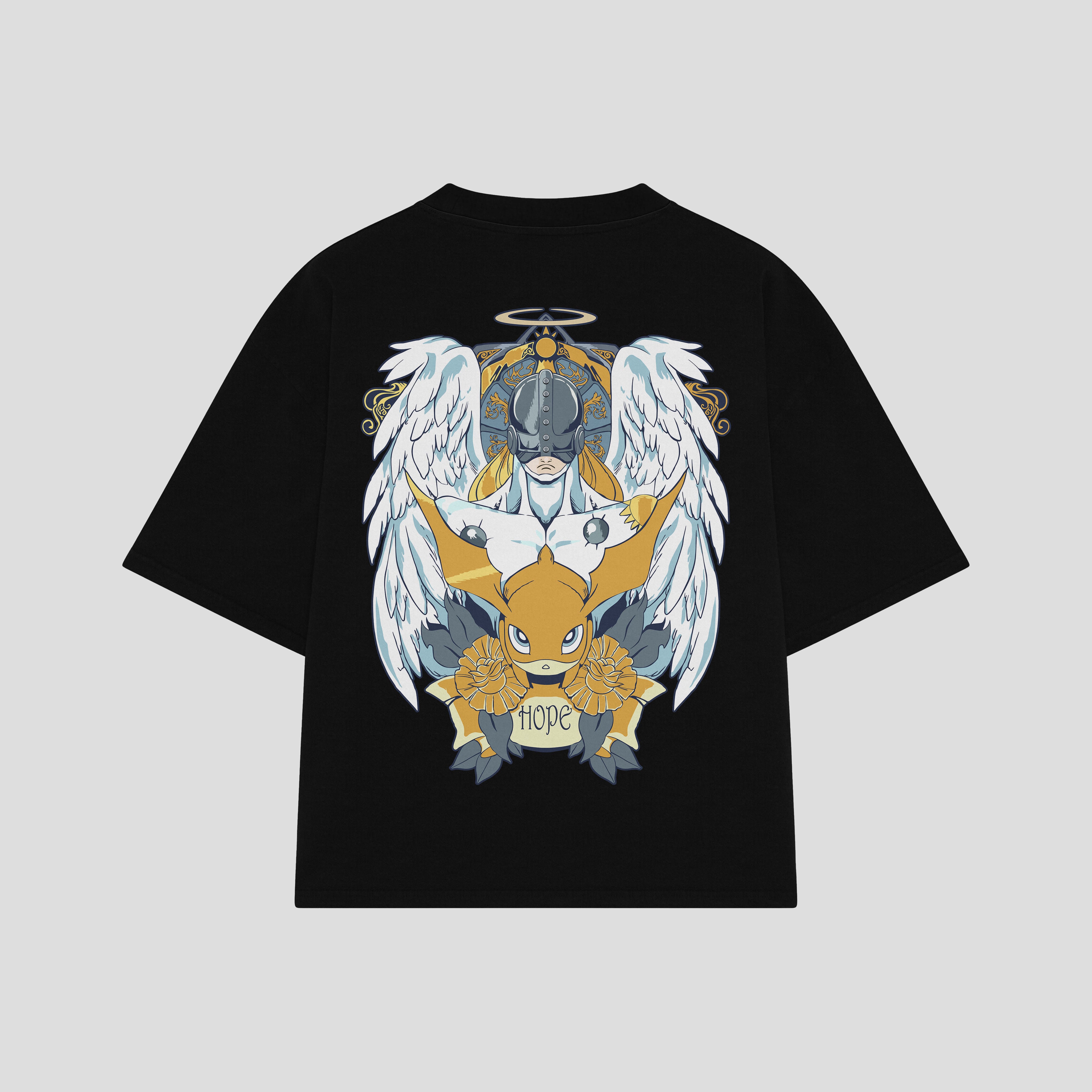 Playera streetwear premium de anime y gaming ExtraLife MX, corte boxy oversized drop shoulder heavyweight en color Deep Black y Off-White, moda urbana mexicana de culto.