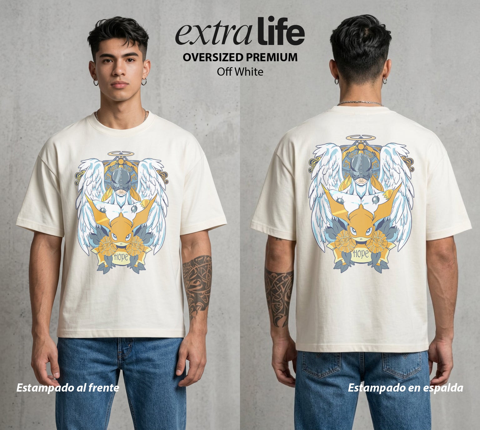El Mundo Digital | Digimon Angelmon #01300 - Playera Oversized Premium | Off White - Foto en modelo