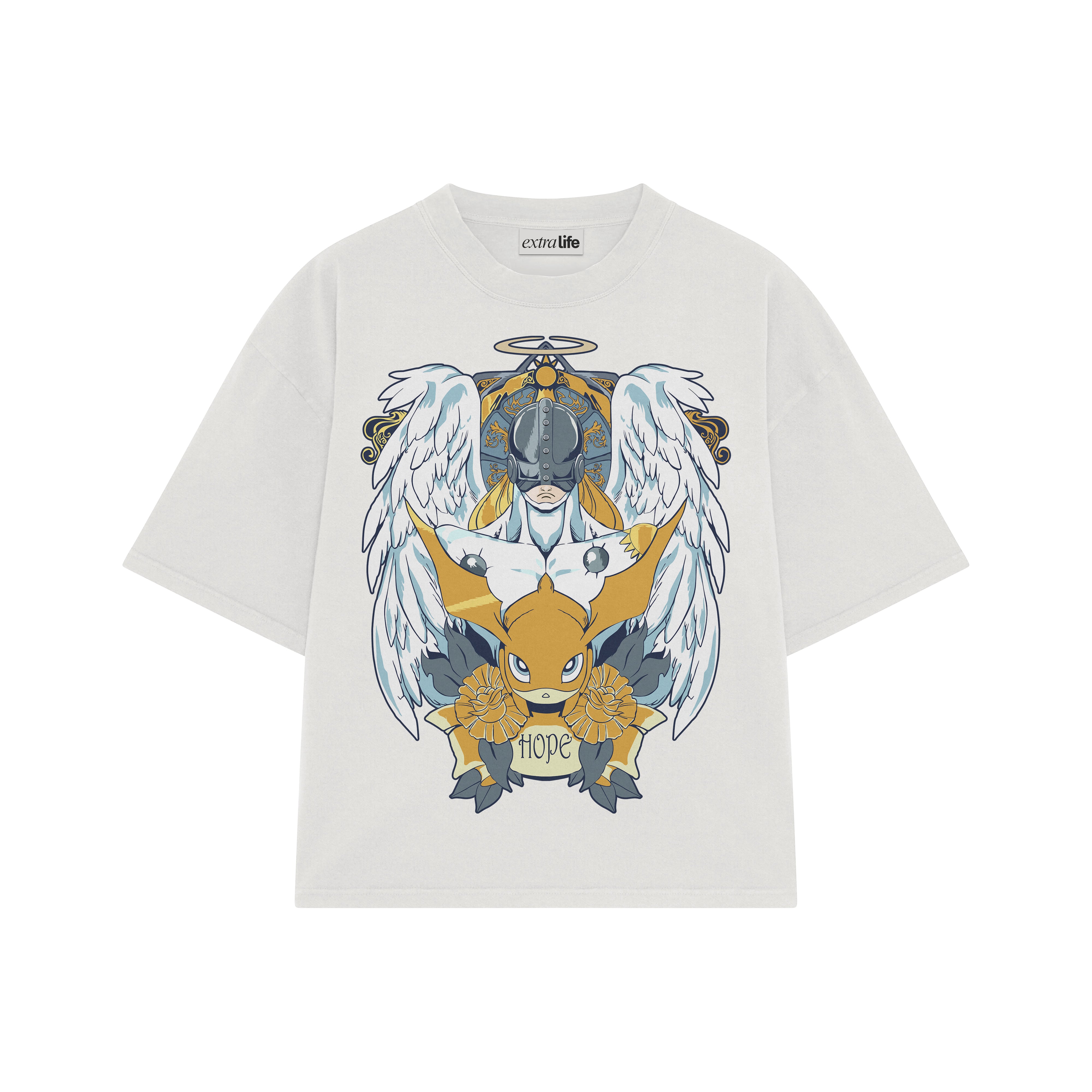Playera streetwear premium de anime y gaming ExtraLife MX, corte boxy oversized drop shoulder heavyweight en color Deep Black y Off-White, moda urbana mexicana de culto.