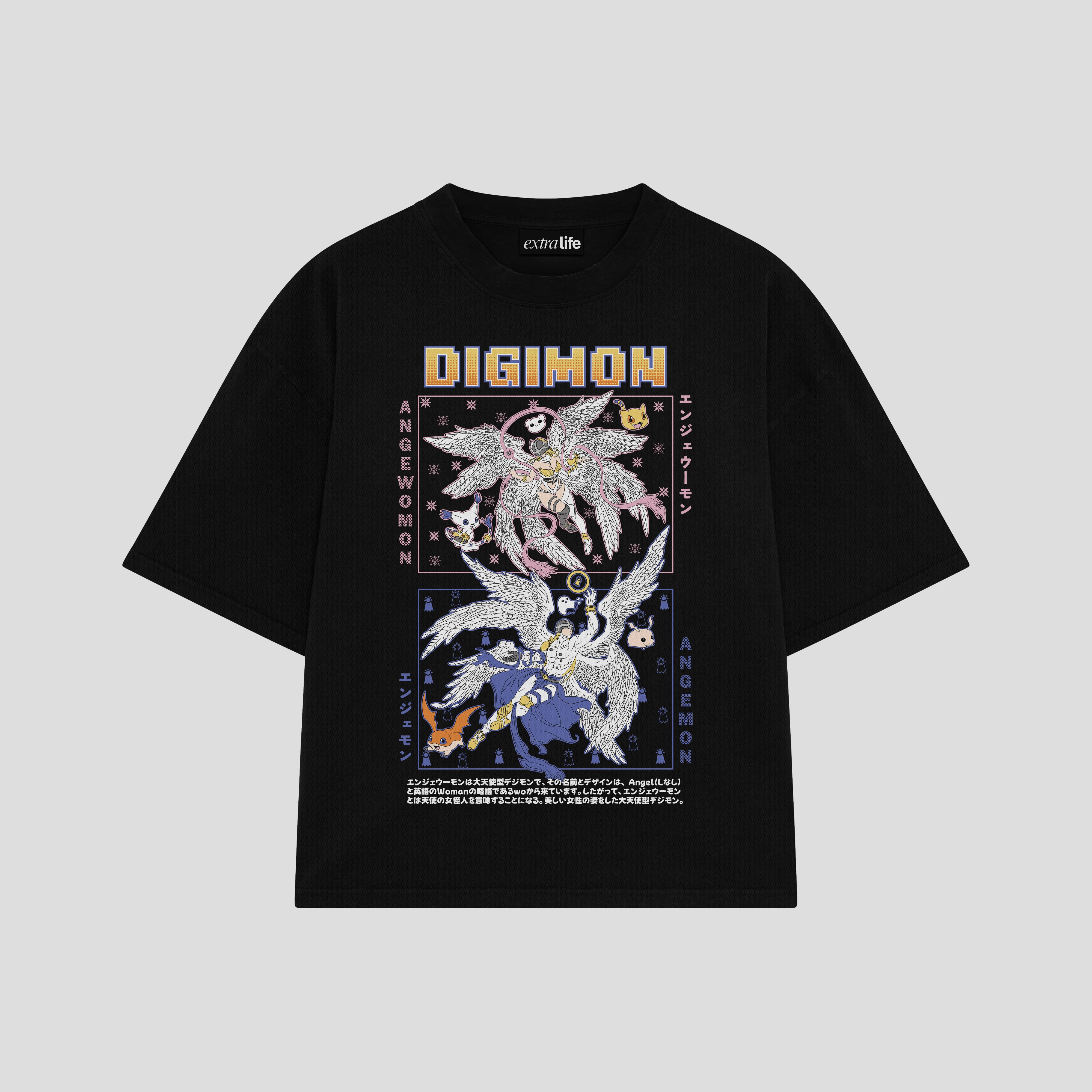 Playera streetwear premium de anime y gaming ExtraLife MX, corte boxy oversized drop shoulder heavyweight en color Deep Black y Off-White, moda urbana mexicana de culto.