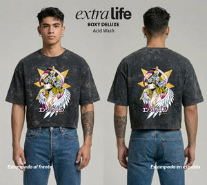 Playera streetwear premium de anime y gaming ExtraLife MX, corte boxy deluxe mineral wash heavyweight en color Acid Wash, moda urbana mexicana de culto.