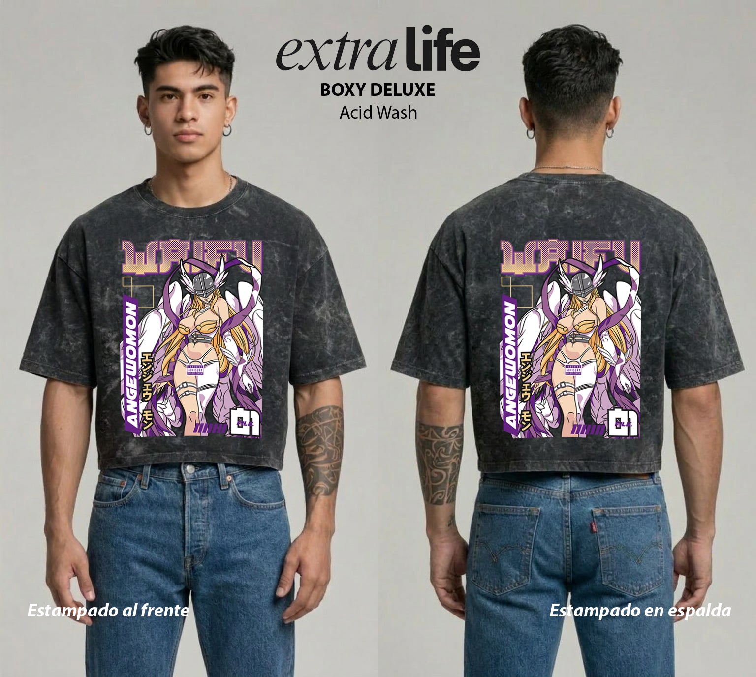 Playera streetwear premium de anime y gaming ExtraLife MX, corte boxy deluxe mineral wash heavyweight en color Acid Wash, moda urbana mexicana de culto.