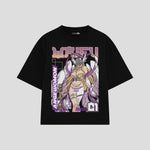 Playera streetwear premium de anime y gaming ExtraLife MX, corte boxy oversized drop shoulder heavyweight en color Deep Black y Off-White, moda urbana mexicana de culto.