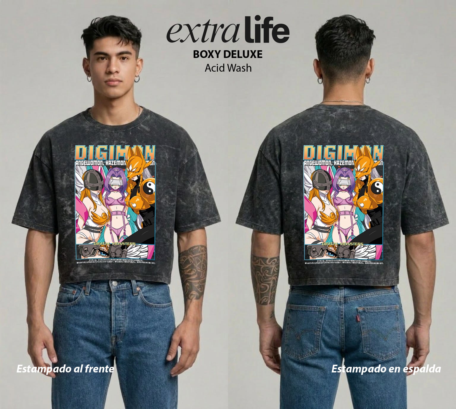 Playera streetwear premium de anime y gaming ExtraLife MX, corte boxy deluxe mineral wash heavyweight en color Acid Wash, moda urbana mexicana de culto.