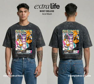 Playera streetwear premium de anime y gaming ExtraLife MX, corte boxy deluxe mineral wash heavyweight en color Acid Wash, moda urbana mexicana de culto.