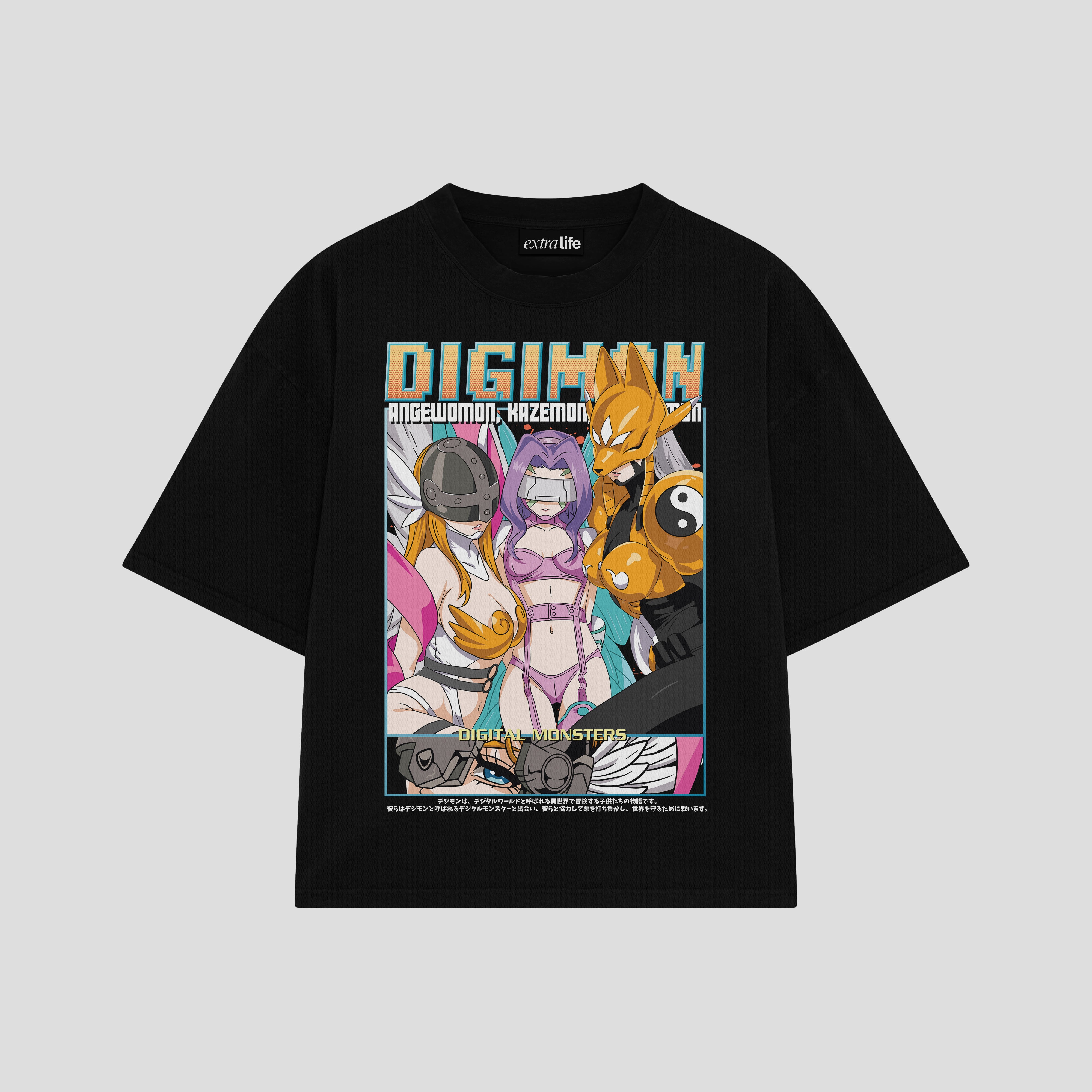 Playera streetwear premium de anime y gaming ExtraLife MX, corte boxy oversized drop shoulder heavyweight en color Deep Black y Off-White, moda urbana mexicana de culto.