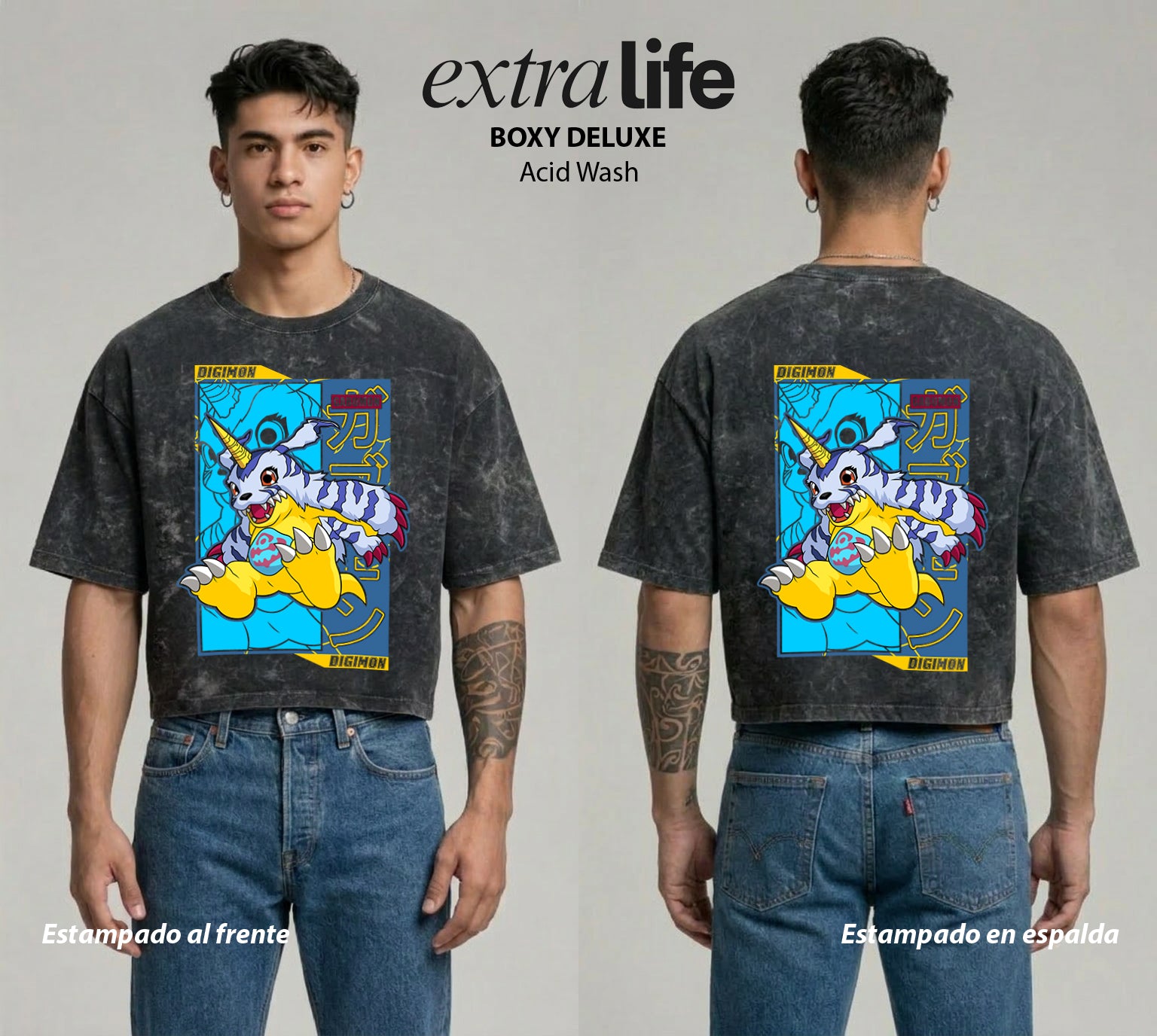 Playera streetwear premium de anime y gaming ExtraLife MX, corte boxy deluxe mineral wash heavyweight en color Acid Wash, moda urbana mexicana de culto.