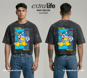 Playera streetwear premium de anime y gaming ExtraLife MX, corte boxy deluxe mineral wash heavyweight en color Acid Wash, moda urbana mexicana de culto.