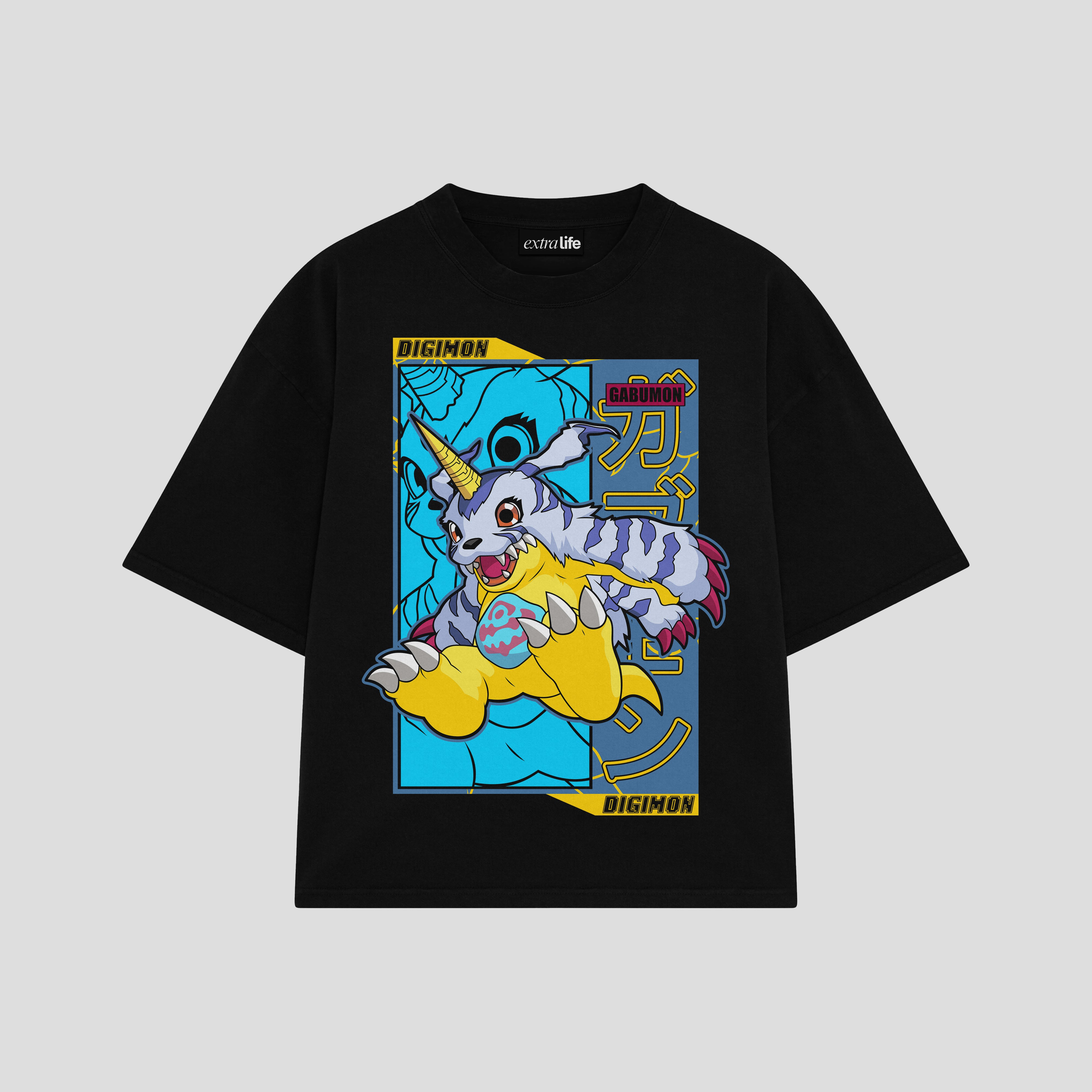 Playera streetwear premium de anime y gaming ExtraLife MX, corte boxy oversized drop shoulder heavyweight en color Deep Black y Off-White, moda urbana mexicana de culto.