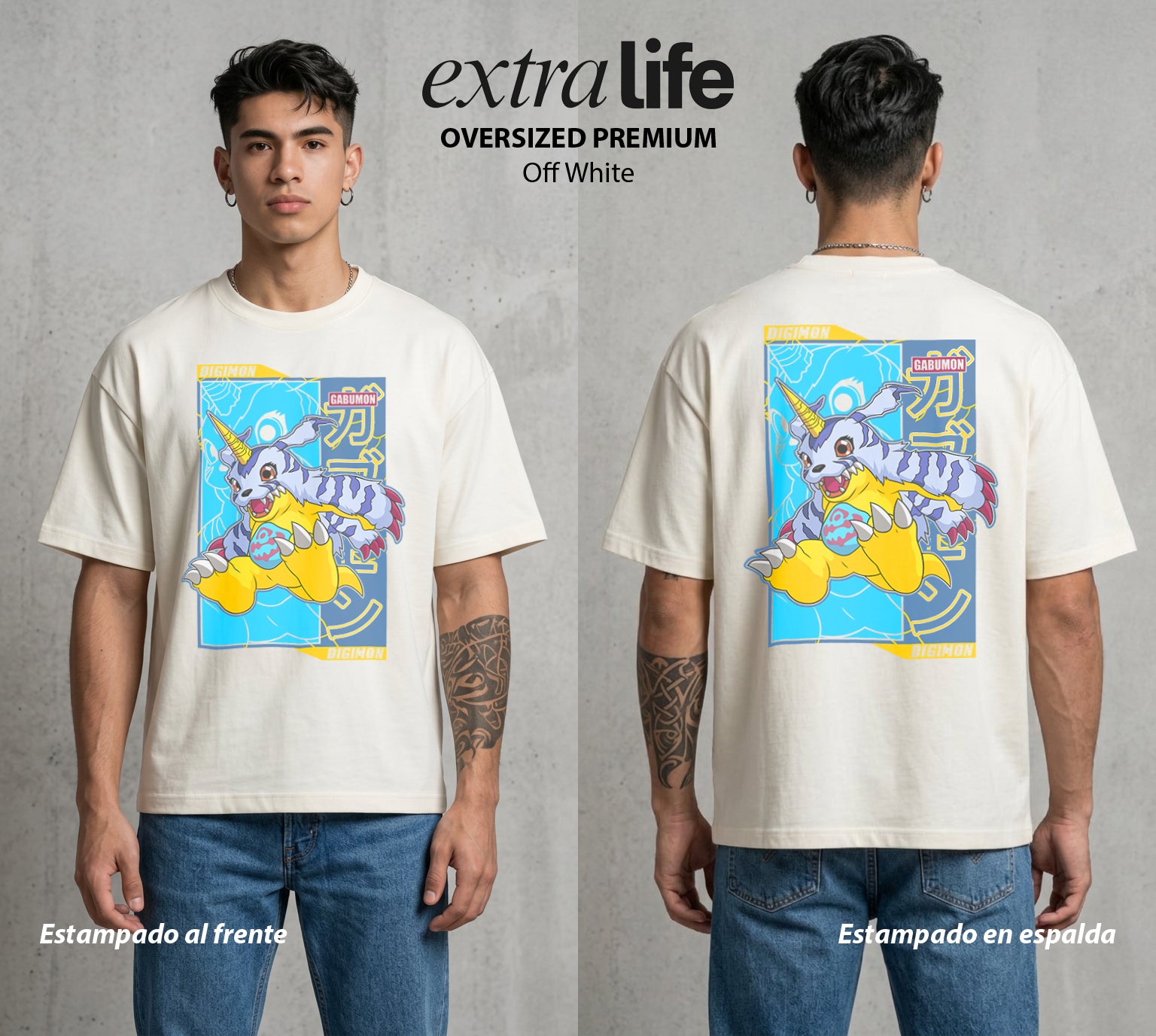 El Mundo Digital | Digimon Gabumon #01306 - Playera Oversized Premium | Off White - Foto en modelo