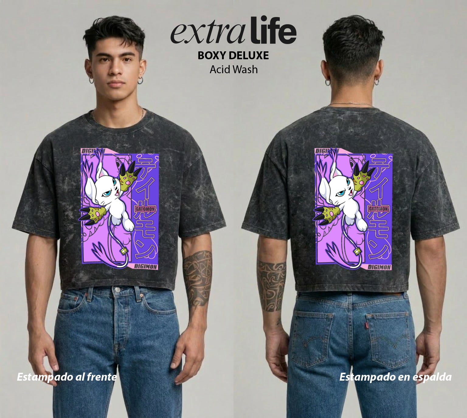 Playera streetwear premium de anime y gaming ExtraLife MX, corte boxy deluxe mineral wash heavyweight en color Acid Wash, moda urbana mexicana de culto.